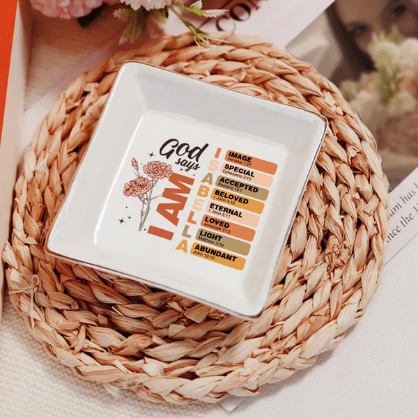 Personalizzato Dio dice Versetto Biblico Nascita Fiore Quadrato Ceramica Trinket Gioielli Piatto con Nome Battesimo Compleanno Regalo di Natale per Donne Cristiane