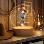 Personalized Cute Cowgirl LED Night Light with Name and Wooden Base Nursery Decor Birthday Christmas Gift for Girls