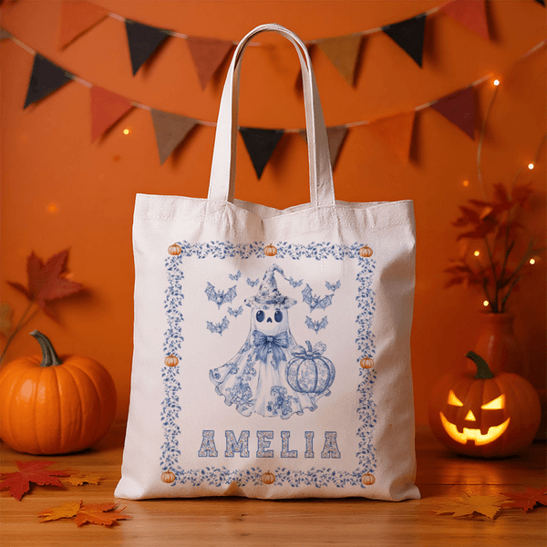 Personalized Spooky Ghost Pumpkin Bat Toile De Jouy Canvas Halloween Tote Bag with Name Halloween Gift for Women Kids