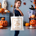 Personalized Spooky Ghost Pumpkin Bat Toile De Jouy Canvas Halloween Tote Bag with Name Halloween Gift for Women Kids