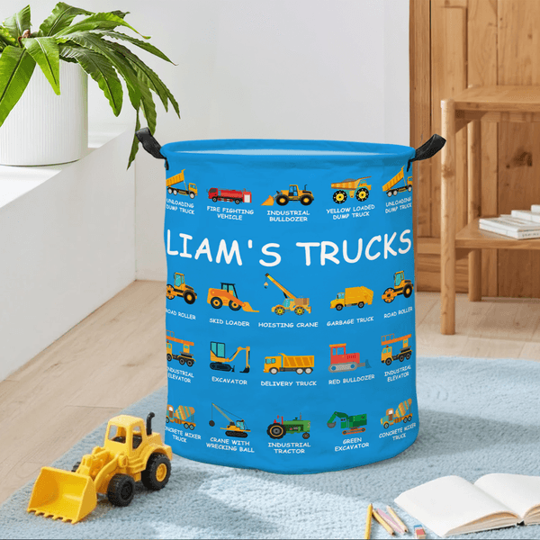 Building Fun One Load at a Time - Personalized Construction Truck Excavator Bulldozer Waterproof Laundry Basket - Gift for Boys Girls Truck Lovers