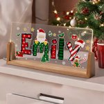 Veilleuse LED en acrylique avec nom et base en bois personnalisée Père Noël Design Elk Cadeau de Noël pour la famille et les amis