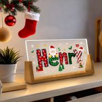 Veilleuse LED en acrylique avec nom et base en bois personnalisée Père Noël Design Elk Cadeau de Noël pour la famille et les amis