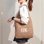 Personalized Embroidered Initial Raffia Tote Bag Reusable Beach Travel Accessory Bridal Party Mother's Day Gift for Her