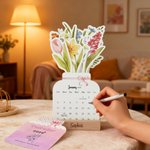 Calendario de Escritorio Personalizado Acuarela Floral 2026 con Texto Grabado y Base de Madera Decoración del Hogar Regalo de Año Nuevo para Amigos de la Familia