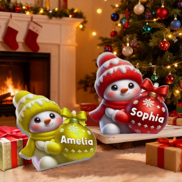 Personalized Multicolor Cute Snowman Holding a Christmas Ball Flat Decoration with Name Home Decor Christmas Gift for Family Friends