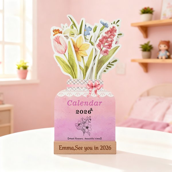 Personalisierte Aquarell Floral 2026 Tischkalender mit Gravur Text und hölzernen Sockel Home Decor Neujahr Geschenk für Familie Freunde