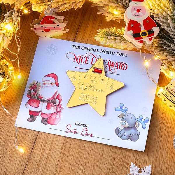 Personalised Santa Claus Elk Star Shape Acrylic Medal Ornament with Name and Card Home Decoration Christmas Gift for Kids