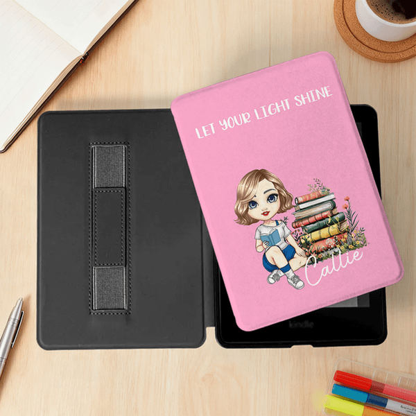 Personalized Cartoon Charatcer Flower Book Kindle Case with Name and Title for Multiple Models Daily Use Birthday Gift for Book Lover Bookworm