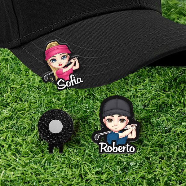 Clip magnetica per cappello personalizzata con personaggio golfista e nome regalo per compleanno e giornata di gioco per giocatori di golf