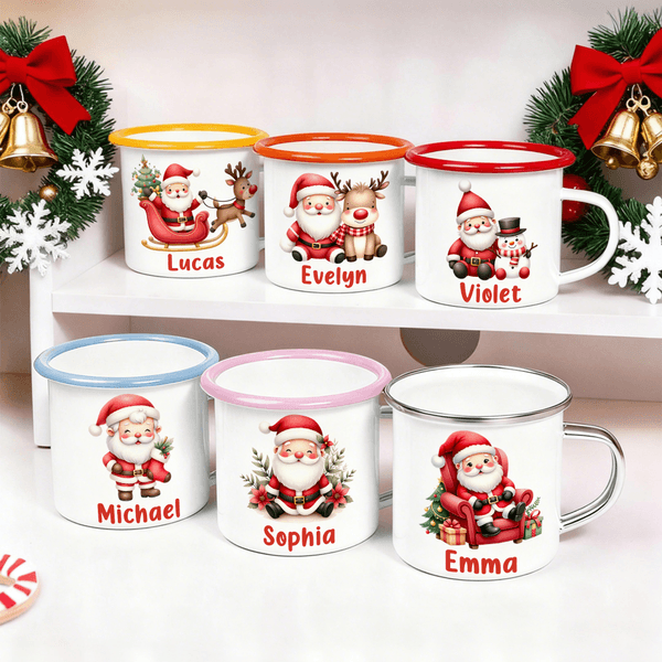 Personalised Cute Cartoon Santa Claus Multicolour 12 oz Enamel Mug with Name Christmas Gift for Family Kids