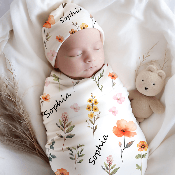 Personalized Watercolour Wildflowers Swaddle Blanket and Knot Hat Set with Name Nursery Decor Baby Shower Birthday Christmas Gift for Newborn Baby