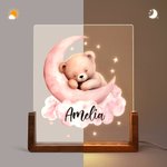 Personlig Dreamy Star Moon Sleepy Teddy Bear Akryl LED nattlampa med träbas och namn Födelsedag Jubileum Present till familj Barn