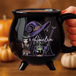 Personalisierte Halloween-Kostüm Cartoon Charakter schwarz Cauldron Keramik Kaffeebecher mit Initialen und Namen Halloween Party Geschenk für Frauen Kinder