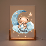 Personlig Dreamy Star Moon Sleepy Teddy Bear Akryl LED nattlampa med träbas och namn Födelsedag Jubileum Present till familj Barn