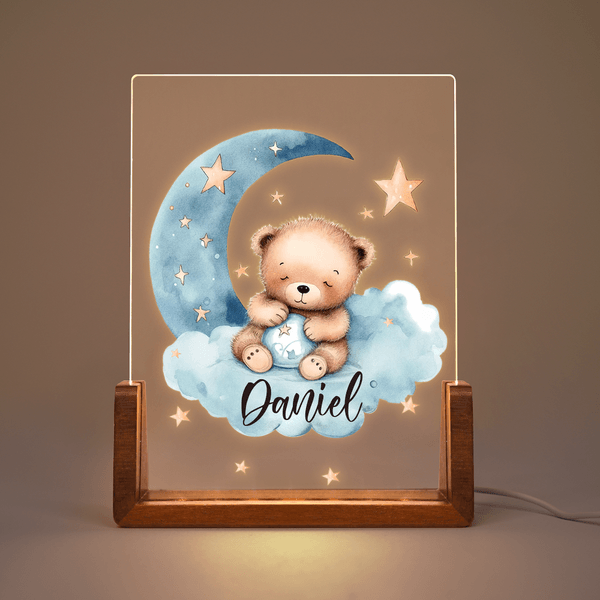 Personalised Dreamy Star Moon Sleepy Teddy Bear Acrylic LED Night Light with Wooden Base and Name Birthday Anniversary Gift for Family Children