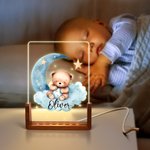 Personlig Dreamy Star Moon Sleepy Teddy Bear Akryl LED nattlampa med träbas och namn Födelsedag Jubileum Present till familj Barn