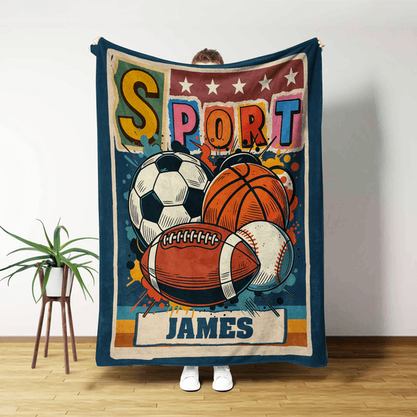 Spersonalizowany miękki koc do rzucania z imieniem i nazwiskiem Retro Graffiti Piłka nożna Koszykówka Sport Urodziny Boże Narodzenie Prezent dla dzieci Miłośnicy sportu