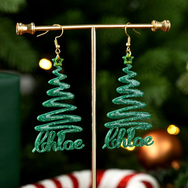Personalised Christmas Tree Glitter Acrylic Dangle Earrings Christmas Gift for Friends Women