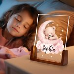 Personlig Dreamy Star Moon Sleepy Teddy Bear Akryl LED nattlampa med träbas och namn Födelsedag Jubileum Present till familj Barn