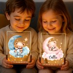 Personlig Dreamy Star Moon Sleepy Teddy Bear Akryl LED nattlampa med träbas och namn Födelsedag Jubileum Present till familj Barn