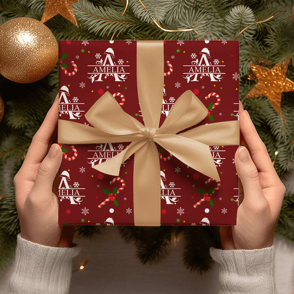 Personalized Santa Hat Sweets Cane Initial Wrapping Paper with Name Christmas Gift Decor for Family Friends