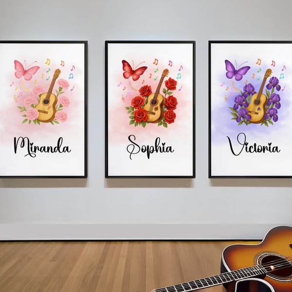 Personalized Guitar Birth Flower Butterfly Music Symbol Canvas Poster Framed Frameless Painting Christmas Birthday Gift for Music Lovers Guitarists