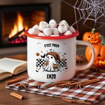 Tasse en Émail 355 ml Personnalisée avec Nom Texte et Motif Fantôme Raton Laveur Citrouille Cadeau Halloween pour Enfants