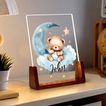 Personlig Dreamy Star Moon Sleepy Teddy Bear Akryl LED nattlampa med träbas och namn Födelsedag Jubileum Present till familj Barn