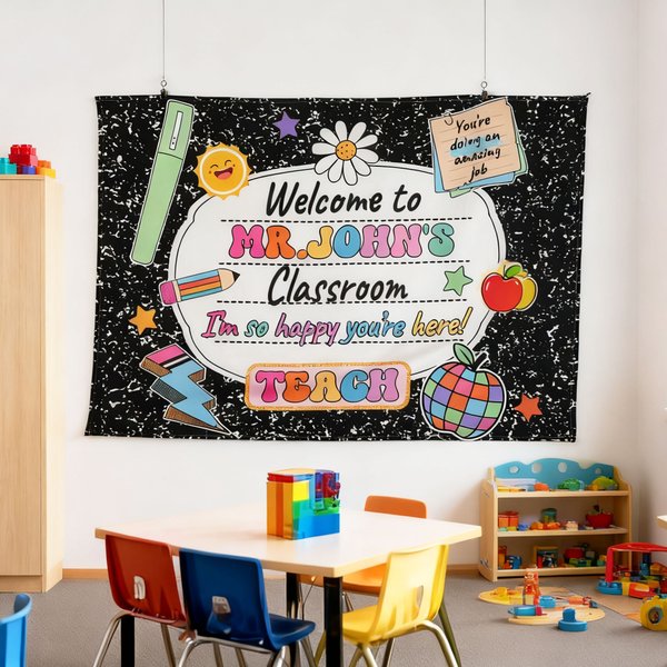 Personlig flerfärgad Daisy Pencil Tapet med text för lärare Klassrumsdekoration Tillbaka till skolan Present till lärare