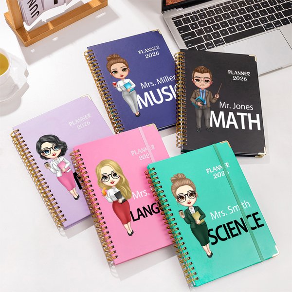 Planificador personalizado de dibujos animados 2026 Cuaderno con nombre A5 en espiral con páginas de planificación semanal y mensual Regalo para el día del profesor de vuelta al cole