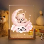 Personlig Dreamy Star Moon Sleepy Teddy Bear Akryl LED nattlampa med träbas och namn Födelsedag Jubileum Present till familj Barn