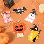 Gepersonaliseerde Pompoen Spook Vleermuis Acryl Halloween Mand Naam Label met initiaal Spooky Halloween Gift voor jongens meisjes