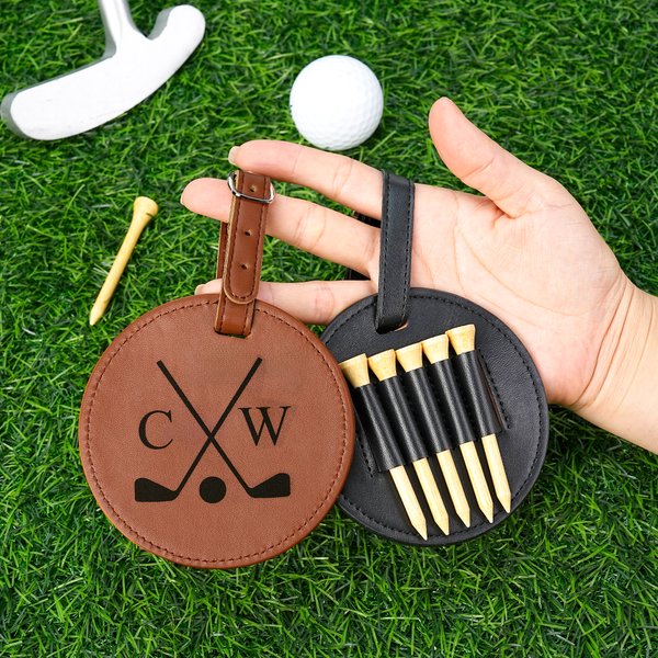Personalized Golf Pattern Monogram PU Leather Golf Bag Tag Tee Holder with Adjustable Strap Birthday Christmas Gift for Golf Players Lovers