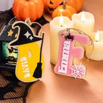 Gepersonaliseerde Pompoen Spook Vleermuis Acryl Halloween Mand Naam Label met initiaal Spooky Halloween Gift voor jongens meisjes