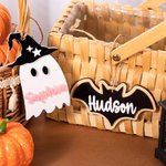 Gepersonaliseerde Pompoen Spook Vleermuis Acryl Halloween Mand Naam Label met initiaal Spooky Halloween Gift voor jongens meisjes