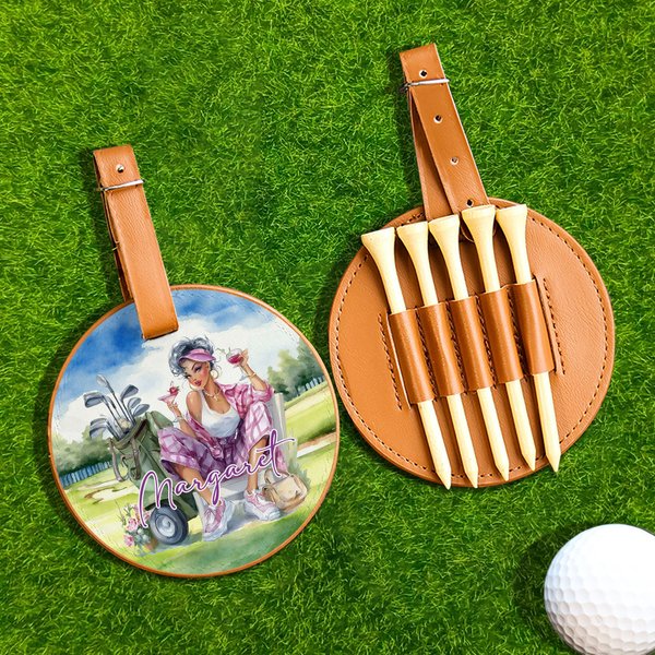 Gepersonaliseerde aquarel cartoon karakter verstelbare PU lederen Golf Tee houder tas Tag met naam verjaardag kerstcadeau voor vrouwen golfers