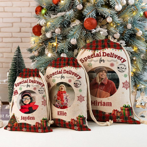 Gepersonaliseerd Kerstboom Sneeuwvlok Geruit Kerstcadeauzakje met Naam en Foto Kerstcadeau voor Jongens Meisjes