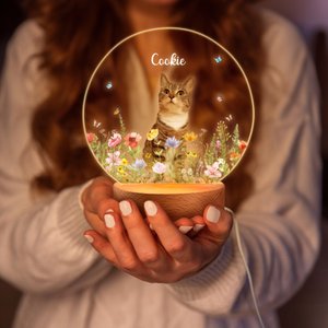 Veilleuse LED personnalisée avec photo, nom et date - Motif floral lumineux - Cadeau commémoratif pour propriétaires d'animaux