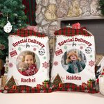 Personalisierte Weihnachtsbaum Schneeflocke karierte Weihnachten Geschenk Tasche mit Namen und Foto Weihnachtsgeschenk für Jungen Mädchen