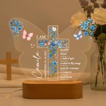 Spersonalizowana lampka nocna LED Butterfly Flower Cross z imieniem, datą i drewnianą podstawą Dekoracja do pokoju dziecięcego Prezent urodzinowy Baby Shower dla chrześcijańskiej rodziny
