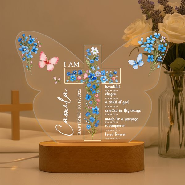 Gepersonaliseerd Vlinder Bloem Kruis LED Nachtlampje met Naam Datum en Houten Base Nursery Decor Verjaardag Baby Shower Gift voor Christelijke familie