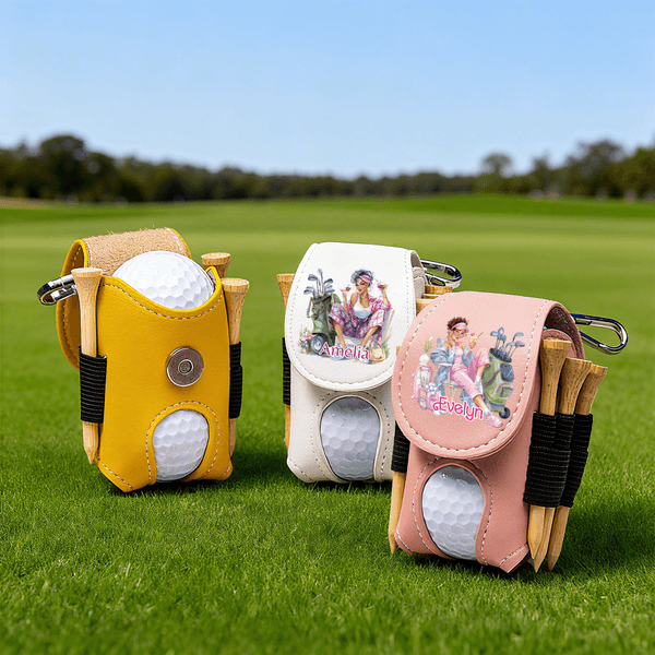 Personalized Watercolor Fashion Golf Character Name PU Leather Golf Ball Bag with Tees Holder Christmas Birthday Club Gift for Women Golf Players