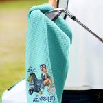 Personalized Cartoon Golf Woman 100% Cotton Absorbent Waffle Golf Towel with Name and Hanging Clip Sports Accessories Birthday Gift for Golf Lovers