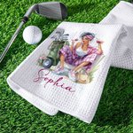 Personalized Cartoon Golf Woman 100% Cotton Absorbent Waffle Golf Towel with Name and Hanging Clip Sports Accessories Birthday Gift for Golf Lovers