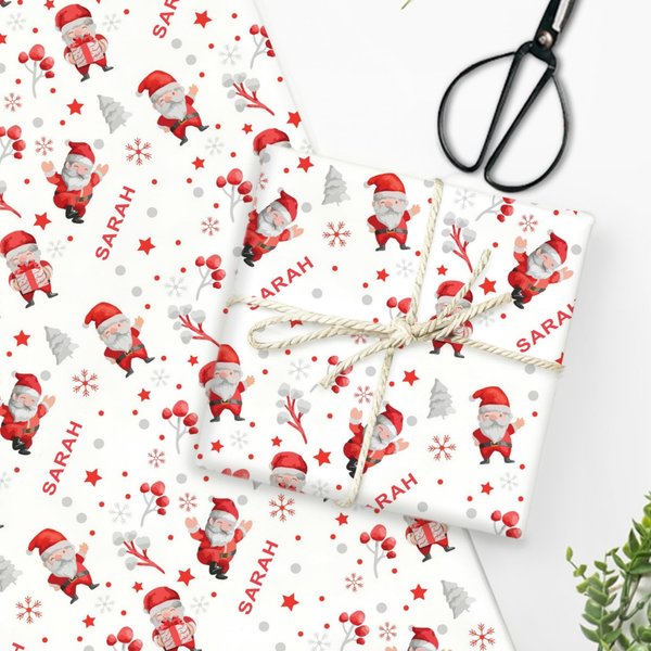 Personalized Christmas Theme Cute Santa Claus Wrapping Paper with Name Holiday Decor Christmas Gift for Family Friends