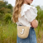 Gepersonaliseerde Boho Verstelbare Rieten Kindertas met Chenille Initiaal Verjaardag Bruiloft Kerstcadeau voor Peuters Bloemen Meisjes Kinderen
