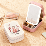 Personalised Cartoon Girl Flying Birth Flower PU Leather Jewellery Box with Name and Adjustable Three-Colour LED Mirror Birthday Christmas Gift for Women