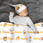 Personalisierte Biene Blume 100% Baumwolle Swaddle Decke und Knoten Hut Set mit Namen Geburtstag Baby Dusche Geschenk für Neugeborene Babys