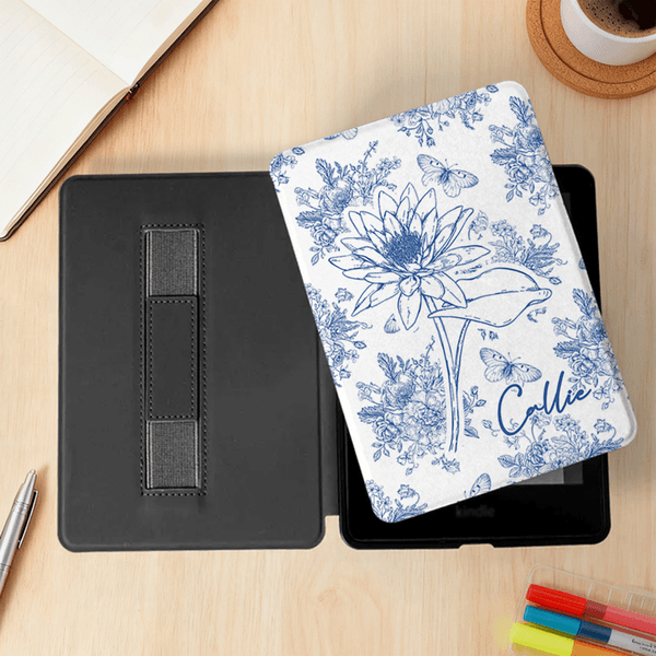 Personalized Toile De Jouy Birth Flower Portable Kindle Case with Name Daily Use Birthday Gift for Book Lovers Bookworms